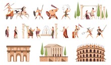 Ancient Rome. Fighters With Weapons And Civilians, Architectural Monuments, Columns And Fountain, Coliseum And Amphitheater, Characters In History Traditional Clothes Vector Cartoon Flat Set