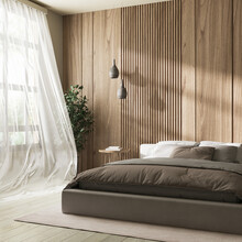 Bedroom Interior With Wooden Panel Wall, Bed Near Window With Flying Curtain And Park View, 3d Rendering