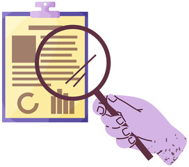 Poster - Board with clip for holding sheets in place. Office stationery in human hand. Magnifying glass or lens to look at text on pad. Person with loupe looking at data clipboard vector illustration
