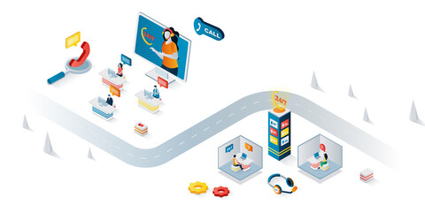 Poster - Call center concept 3d isometric web banner. People work at hotline, consultation customers around the clock, tech support solves problems. Vector illustration for landing page and web template design