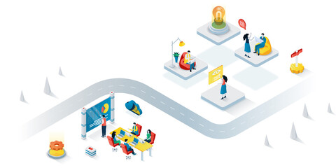 Wall Mural - Coworking space concept 3d isometric web banner. People working in open office together, community cooperation, colleagues workspace. Vector illustration for landing page and web template design