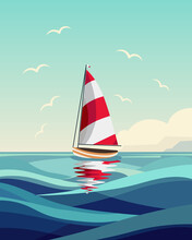 Seascape With A Yacht, A Yacht With A Red And White Sail And Seagulls Against The Background Of The Sea With Clouds. Clip Art, Print, Wall Art