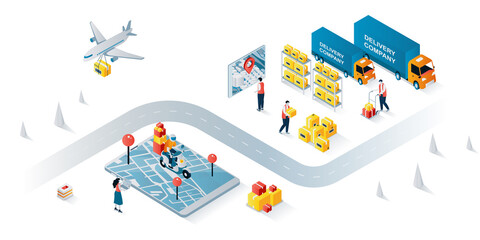 Fototapete - Delivery company concept 3d isometric web banner. People work at warehouse, loading and distribute parcels, clients tracking boxes online. Vector illustration for landing page and web template design