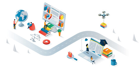 Fototapete - Education process concept 3d isometric web banner. People students study online, reading books, watching seminars, graduate with diplomas. Vector illustration for landing page and web template design