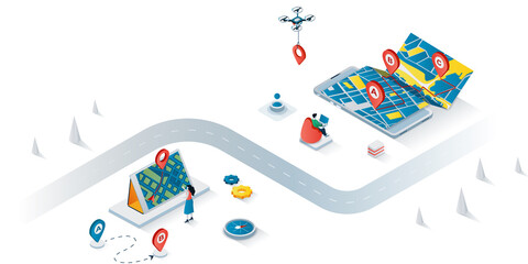Poster - GPS navigation concept 3d isometric web banner. People use online maps and apps with geolocation, online tracking technology for travel. Vector illustration for landing page and web template design