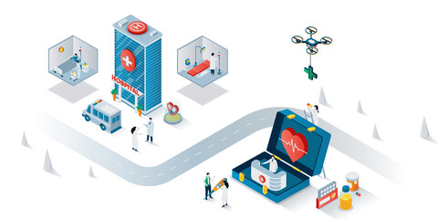 Poster - Medical center concept 3d isometric web banner. People go in clinic, receive consultation, patients lying in ward or surgery, ambulance. Vector illustration for landing page and web template design
