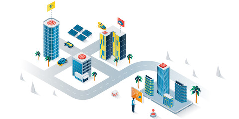 Fototapete - Smart city concept 3d isometric web banner. People use wireless monitoring, security system, smart navigation, eco friendly infrastructure. Vector illustration for landing page and web template design