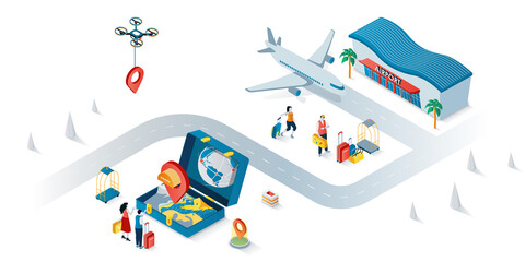Poster - Travel vacation concept 3d isometric web banner. People with luggage go on trip, choosing direction and flying at airplane to global tour. Vector illustration for landing page and web template design