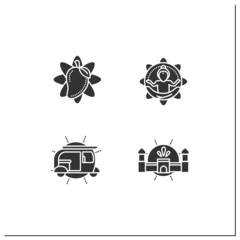 Wall Mural - Indian culture glyph icons set. Mango fruit, auto-rickshaw, Agra fort, yoga master. Country concept. Filled flat signs. Isolated silhouette vector illustrations