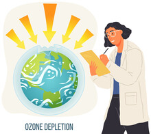 Global Warming, Ozone Layer Concept. Scientist Studies Natural Resource Depletion Problems And Issues. Woman Makes Analysis Of Ecology And Environment Of Planet. Scientific Study Of Earth Ozone Layer
