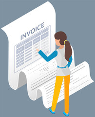 Aufkleber - girl looking at payment check. purchase document, financial invoice, purchase bill, payment calculat