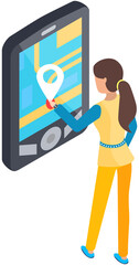 Poster - Gps navigation, tracking with mobile app. Person looking at map of area with marks. Map for orientation and determination of location. Scheme of guide roads and routes. Woman chooses convenient path
