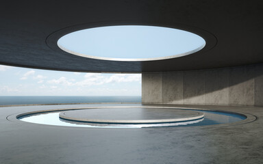 Wall Mural - Round concrete podium empty floor with pool. 3d rendering of abstract exterior space with sea and blue sky background.