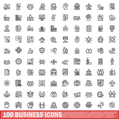 Poster - 100 business icons set. Outline illustration of 100 business icons vector set isolated on white background