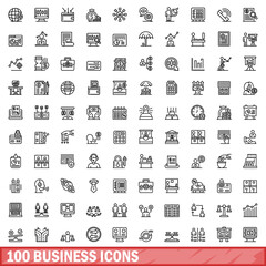Poster - 100 business icons set. Outline illustration of 100 business icons vector set isolated on white background