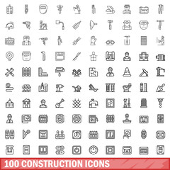 Poster - 100 construction icons set. Outline illustration of 100 construction icons vector set isolated on white background