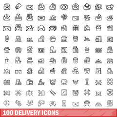 Sticker - 100 delivery icons set. Outline illustration of 100 delivery icons vector set isolated on white background