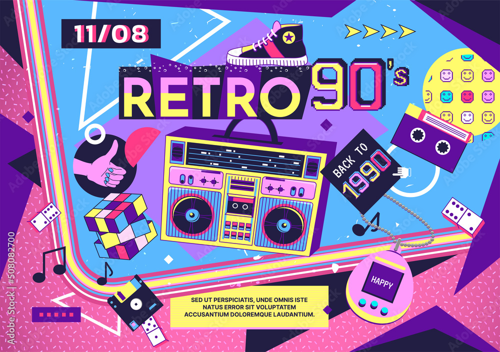 90s music background. Retro 1990s banner, vintage geek poster with ...