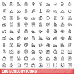 Poster - 100 ecology icons set. Outline illustration of 100 ecology icons vector set isolated on white background