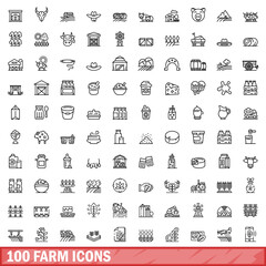 Poster - 100 farm icons set. Outline illustration of 100 farm icons vector set isolated on white background