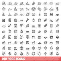 Wall Mural - 100 food icons set. Outline illustration of 100 food icons vector set isolated on white background