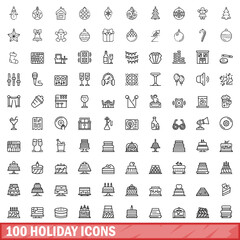 Wall Mural - 100 holiday icons set. Outline illustration of 100 holiday icons vector set isolated on white background