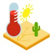 Drought icon isometric vector. Dry soil under scorching sun, hot red thermometer. Dry weather, climate change, desertification