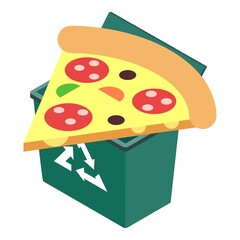 Poster - Waste icon isometric vector. Triangular piece of pizza with sausage in trash can. Household waste, sorting and recycle garbage, ecology concept
