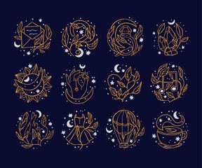 Wall Mural - celestial magic gold icon set. logo star and moon vector illustration