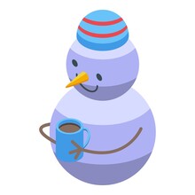 Snowman With Tea Mug Icon Isometric Vector. Winter Man. Fun Character