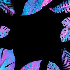 Wall Mural - Top view of tropical leaves in vibrant gradient holographic neon colors on black background. Flat lay. Minimal surreal summer concept with copy space.