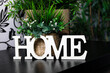 © XarlyFotON - Interior decoration of a house, with the word HOME in white on a piece of furniture or tile and with plants on the back.