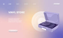 Landing Page Template With Vintage Turntable Vinyl Record Player. Modern Flat Design Concept Of Web Page Design For Website And Mobile. Abstract Vector Illustration With Gradient. 