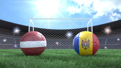 Two soccer balls in flags colors on stadium blurred background. Latvia and Moldova. 3d image