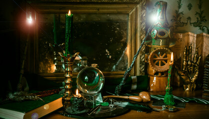 Illustration of magical stuff....candle light, Chrystal ball, magic wand, book of spells dark background, Slytherin school, green aesthetic, Halloween time