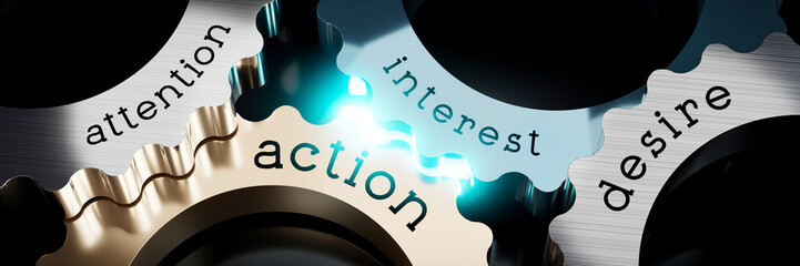 Poster - Attention, interest, desire, action - gears concept - 3D illustration