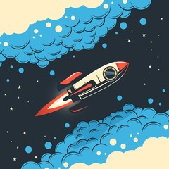 retro rocket in comic style. vintage rocketship flies in space among swirling clouds. vector illustr