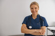 © Friends Stock - Smiling of professional woman doctor with stethoscope on her workplace in hospital looking camera