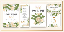 Set Of Wedding Invitations, Set Of Fashionable Templates For Design , Vector - Save The Date, Wedding Menu, Table Number, Invitation.  Beige Flowers , Greenery. 