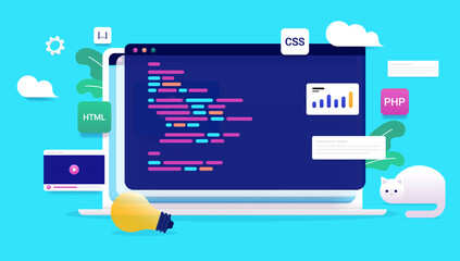 Leinwandbilder - Web development programming on computer screen - Vector illustration of laptop with code on screen and design elements around