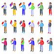 © ylivdesign - Kid with flagenglish icons set isometric vector. French learning. Children school