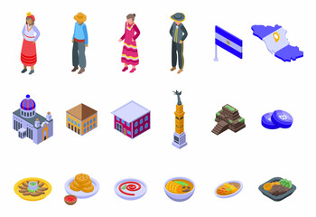 El Salvador icons set isometric vector. Flag country. Freedom culture