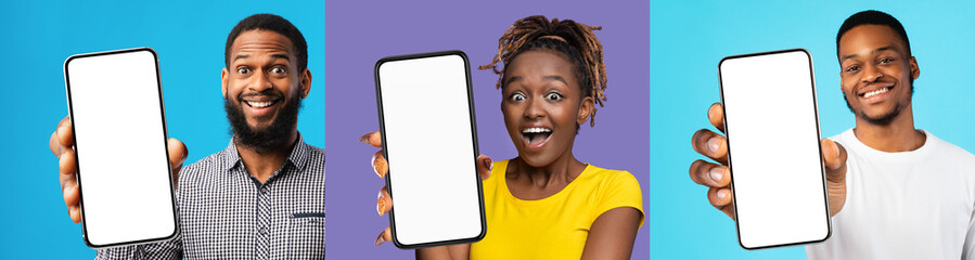 Poster - Set of black people showing smartphones with empty screens, collage