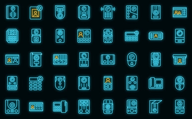 Poster - Video intercom icons set outline vector. Door phone. Alarm call vector neon