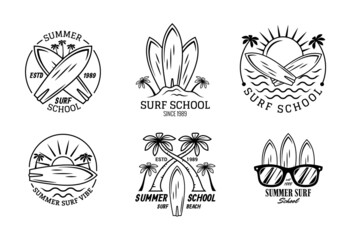 Poster - Beach Surf School Signs Thin Line Black Badges Icons Set. Vector illustration of Icon Badge Label