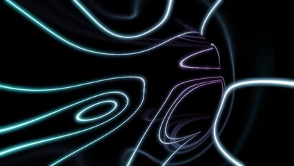 Poster - Abstract curving and spinning abstraction with rows of pink lines on a black background. Design. Rotating shape of glowing stripes.