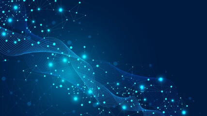 Poster - Neon background frame. Wave connection design. Texture of plexus particles, lines, circles, dots. Open space. Digital network. Glowing stars. Poster technology, medicine, business. Vector