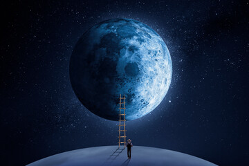 Wall Mural - man walks towards a ladder leaning on the moon