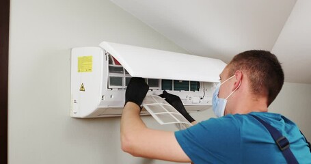 Wall Mural - Male technician cleaning air conditioner indoors