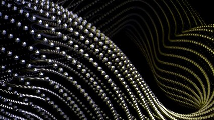Poster - Abstract curving and spinning abstraction with rows of tiny particles on a black background. Design. Rotating shape of small points.